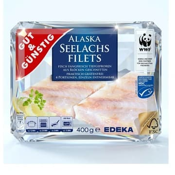 Packung Gut & Günstig Alaska Seelachs Filets tiefgekühlt, 400 g