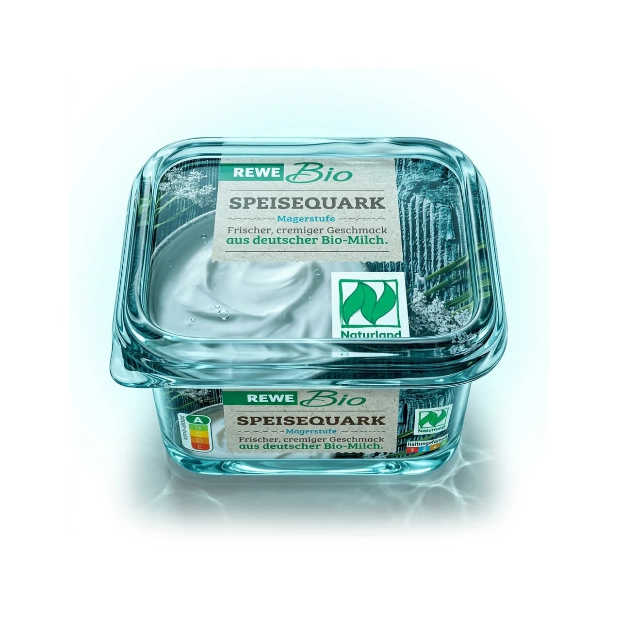 Becher REWE Bio Speisequark Magerstufe, 250 g, als Liquid-Glass-Transformation