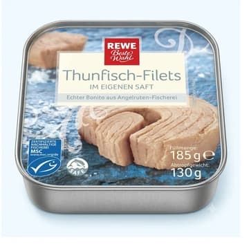 Dose REWE Beste Wahl Thunfisch-Filets im eigenen Saft, 185 g