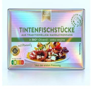 Packung Almare Seafood Tintenfischstücke in Bio-Olivenöl, 80 g